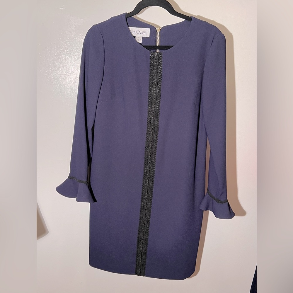Sara Campbell navy dress with black lace detail. Flutter sleeves. Size 8